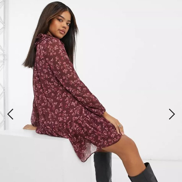 Frill Neck Chiffon Smock Floral Mini Dress - Picture 7 of 8